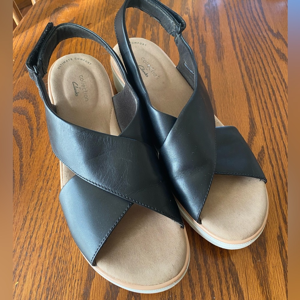 Clarks Collection, Woman’s 10M, Black Wedge Sandals